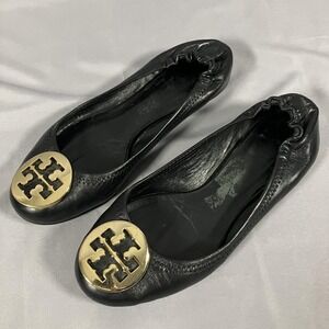 Tory Burch Reva Ballet Flats Womens Size 6 Black Leather Gold Logo Shoes